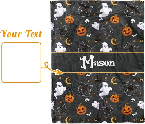 Vista 8 de Manta de Halloween personalizada, nombre personalizado con diseños de dibujos animados de Halloween, manta de franela de felpa suave con respaldo
