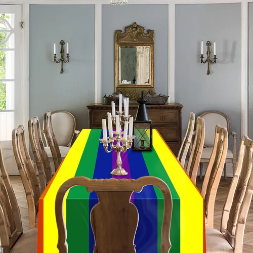 Vista 7 de Paquete de 3 manteles desechables de arco iris, rectangular, 108 x 54 pulgadas, decoración de mantel de plástico impermeable con diseño de arcoíris