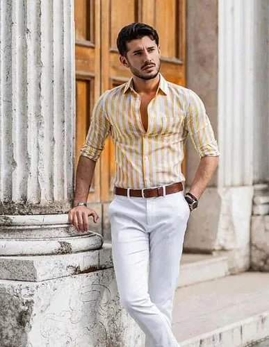 Vista 3 de Gnvviwl Camisa casual de manga corta con botones para hombre, camisa de vestir de algodón a rayas con bolsillo