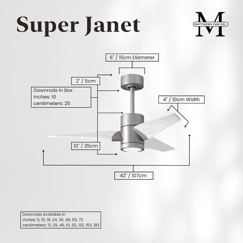 Vista 3 de Matthews SJ-BN-MWH-42 Super Janet Damp Rated 42" Ceiling Fan with LED Light and Remote & Wall Control, Silent DC Motor, 3 Solid Wood Blades, Brushed