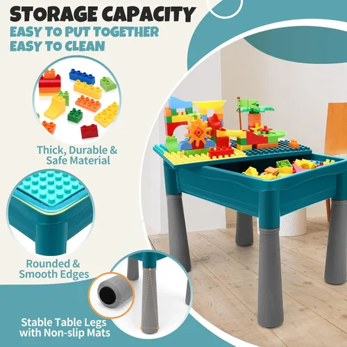 Vista 5 de Mesa de actividades para niños de doble cara con almacenamiento, mesa multiactividad todo en uno, 105 piezas de bloques de construcción con pista