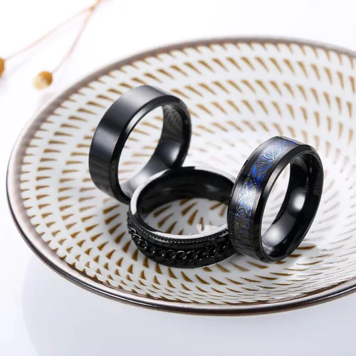 Vista 6 de Jstyle Juego de 3 anillos giratorios de acero inoxidable de titanio para hombres y mujeres, cadena griega, llavero griego, anillo para boda