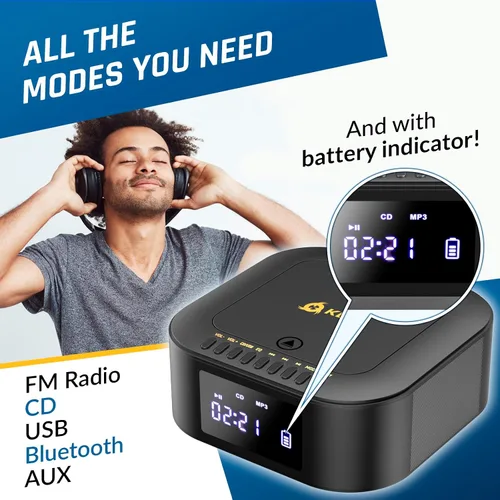 Vista 3 de KLIM Boombox E1 - Reproductor de CD portátil con subwoofer - Bajo extra, Bluetooth, radio FM, USB, AUX, MP3 - Batería recargable, modos con cable e