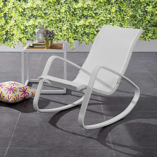 Vista 2 de Modway Traveler - Silla mecedora de malla de aluminio para patio al aire libre en blanco y blanco