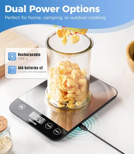 Vista 3 de Báscula de alimentos, báscula de cocina recargable de 33 libras con acero inoxidable, gramos y onzas, carga USB, 0.04 oz de alta precisión
