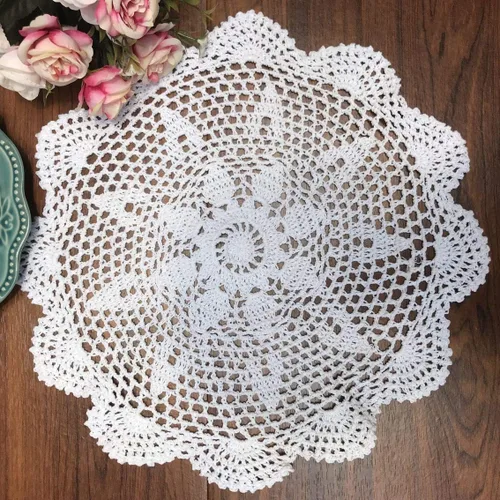Vista 8 de Damanni Mantel de encaje hecho a mano de algodón hecho a mano, redondo, beige, 12 pulgadas