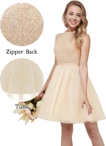 Vista 2 de Dressystar - Vestido corto de fiesta con escote halter para mujer, vestido de graduación de tul y encaje