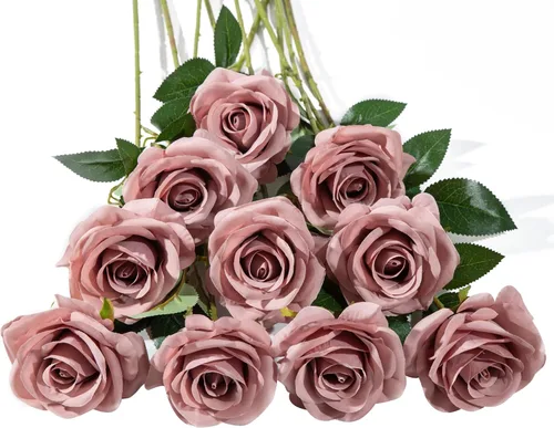 Vista 32 de DuHouse 10 rosas falsas de seda artificial, color morado otoñal Púrpura Otoño