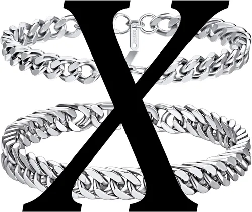 Vista 7 de Ritach Initial Bracelets for Men Silver, 2PCS Stainless Steel Cuban Chain Link Initial Bracelets for Mens Bracelet Set Letter A-Z Bracelets for Men