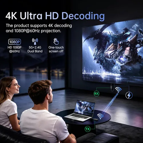 Vista 2 de Transmisor y receptor HDMI inalámbrico USB C, 165 FT/50M Plug & Play Portátil 5G+2.4G Extensor 4K Decodificación Entrada 1080P@60Hz Salida