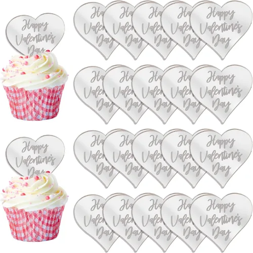 Vista 12 de Decoración para el Día de San Valentín – 20 unidades de discos y palillos para tartas de corazón, decoración de acrílico con espejo
