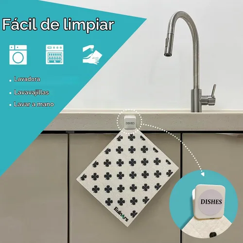 Vista 2 de Eulnars - Toallas de papel reutilizables, paquete de 8 paños de cocina suecos con 3 clips, negro y blanco, algodón, 200 lavados Negro Blanco