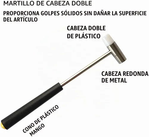 Vista 2 de Martillo pequeño de doble cabeza, 7 pulgadas, cabeza de plástico y cabeza de metal, mango de plástico negro, mazo de joyería de doble cara, martillo
