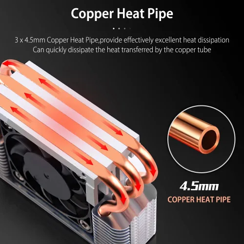 Vista 4 de Disipador de calor SSD M.2 2280 de 12 V con ventilador de enfriamiento PWM de 1.575 in, tubos de calor de cobre y almohadilla térmica, enfriador SSD