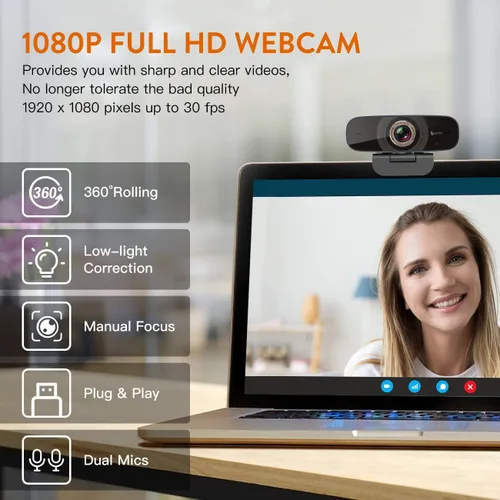 Vista 2 de Cámara web de PC con micrófono, cámara USB 1080p para videollamadas y grabación de videoconferencia/enseñanza en línea/reunión de negocios