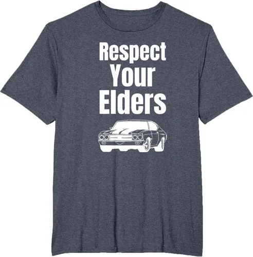 Vista 90 de Divertido regalo de auto para chicos – Respect Your Elders Classic Muscle Car Camiseta, Negro, S