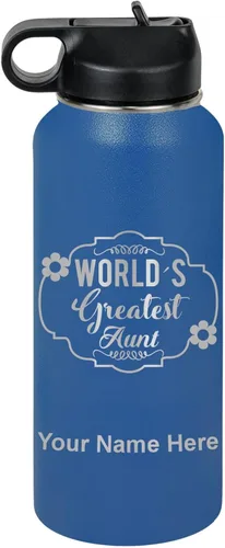 Vista 38 de LaserGram Botella de agua con tapa abatible de doble pared de 12 onzas con pajilla, la tía más grande del mundo, grabado personalizado incluido Negro