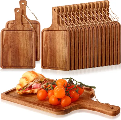 Vista 8 de Tanlade - 16 tablas de cortar de madera de acacia con asa, tablas de cortar decorativas para charcutería, pizza, pan, queso, fruta, bandeja