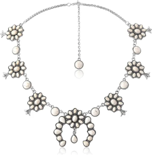 Vista 8 de Bonuci Collar con colgante de turquesa, collar largo para mujer, joyería occidental plateada, joyería boho con hebilla para mujer Verde