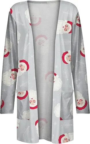 Vista 3 de Cárdigan con estampado de renos y muñeco de nieve de caramelo de Navidad, suéteres para mujer, ligeros, frente abierto, para festivales de mujer