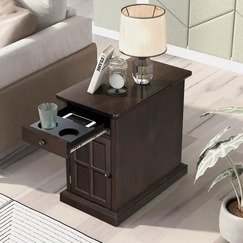 Vista 17 de Mesa auxiliar vintage para sala de estar, mesita de noche multifuncional con puertos USB y cajón con portavasos (marrón antiguo/USB*)