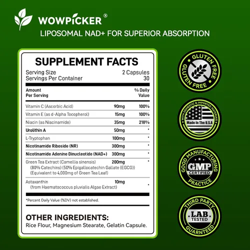 Vista 5 de Suplemento liposomal NAD+ para mujeres de 1,100 mg - Alternativa al suplemento NMN - Extracto de té verde + astaxantina - potenciador puro de NAD