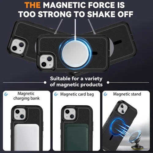 Vista 3 de Funda magnética para iPhone 13/iPhone 14 [compatible con Magsafe] [protector de pantalla de vidrio] [protección de grado militar de doble capa]
