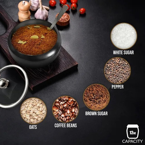 Vista 6 de Azucarero con tapa y cuchara Recipiente de azúcar de 12oz para barra de café Frasco portasal, té, caramelos, azúcar en cubo, azúcar moreno, ghee