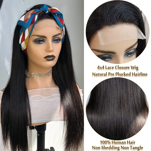 Vista 5 de Pelucas de cabello humano con cierre de encaje 4x4, densidad del 180%, sin pegamento, lacio, 12A, cabello virgen brasileño con encaje frontal