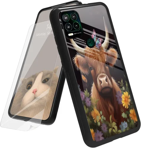 Vista 88 de Funda para Motorola Moto G Play 4G 2024 con protector de pantalla, parte trasera de vidrio templado + funda de silicona suave TPU absorción