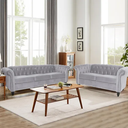 Vista 7 de QHITTY Juego de 2 piezas para sala de estar, Sofá Seccional Chesterfield Silla Contemporáneo Tapizado de Terciopelo Loveseat Juego de Sofás