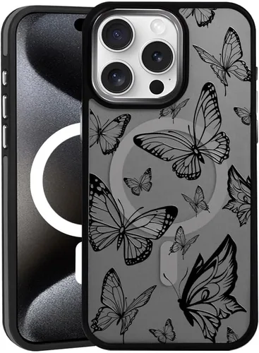 Vista 10 de DAIZAG Funda magnética para iPhone 13, [esquinas a prueba de golpes] [compatible con MagSafe], funda negra translúcida mate, estética floral de flor