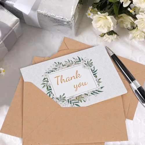 Vista 2 de Tarjetas de agradecimiento con sobres de papel kraft y calcomanías a juego, 100 tarjetas de agradecimiento de plantas verdes, tarjetas