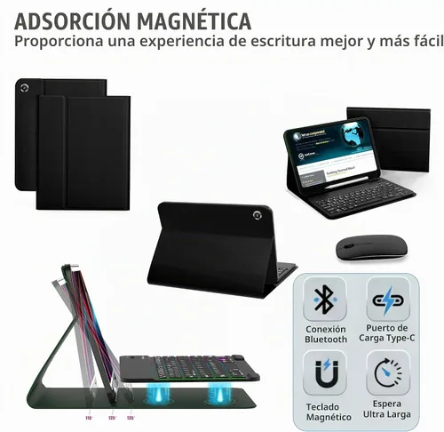 Vista 5 de Funda de teclado para Samsung Galaxy Tab A9+ Plus 2023/A11+ Plus 2025 de 10.9 pulgadas, incluye mouse y teclado magnético con retroiluminación Negro