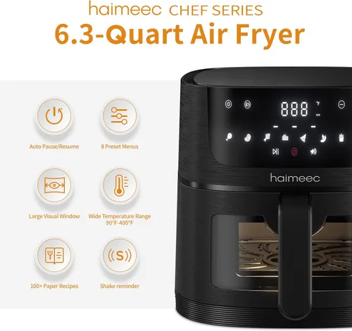 Vista 2 de Freidora de aire 8 en 1 con capacidad de 6.3 cuartos de galón y ventanas de fácil visión, máximo 400 °F, 95% menos de aceite, más de 100 recetas