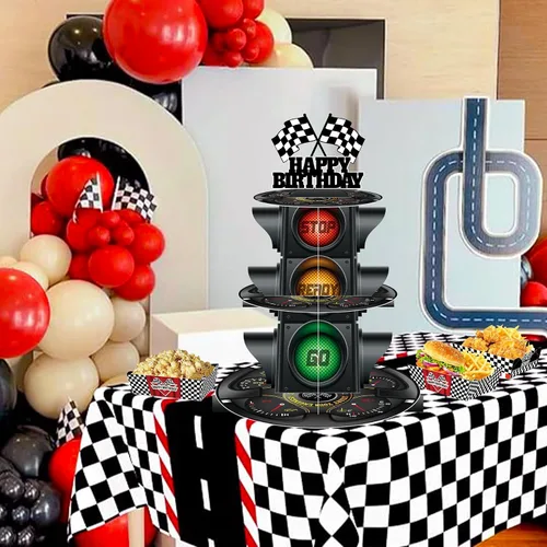 Vista 5 de Soporte redondo de 3 niveles para cupcakes con tema de luz de señal, soporte para postres con temática de coche, decoración de fiesta de cumpleaños