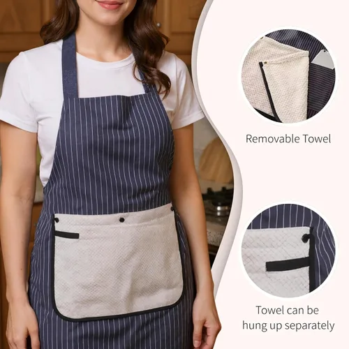 Vista 3 de Delantal con bolsillos para mujeres y hombres, diseño de espalda cruzada con toalla, lavable a máquina, delantal de cocina para cocinar, asar a