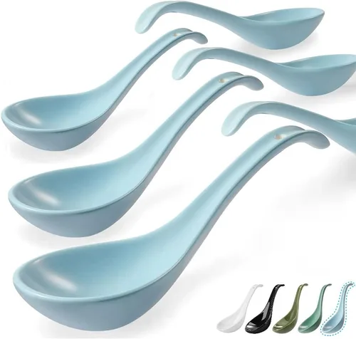 Vista 11 de Artena Juego de 6 cucharas de sopa asiática de 6.75 pulgadas, cuchara de sopa japonesa de porcelana ultrafina, cucharas de ramen negras para fideos
