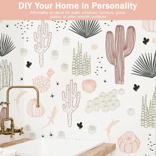 Vista 5 de Calcomanías de pared de cactus para dormitorio, calcomanías de pared de cactus dibujadas a mano, calcomanías de pared de cactus de vinilo para sala