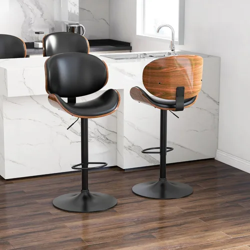 Vista 2 de Juego de 2 taburetes de bar giratorios ajustables, modernos taburetes de bar de madera curvada con base de metal grande y reposapiés, silla de bar