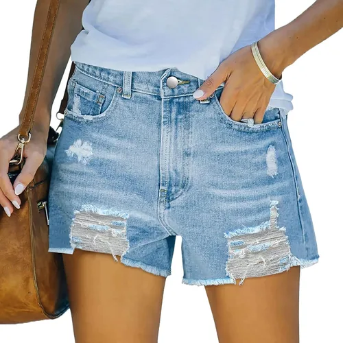 Vista 3 de OUDLLY Jean Shorts Shorts Cut Jean Denim Shorts Women's Summer with Pocket Ripped Waist Mid Stretchy Distressed Women's