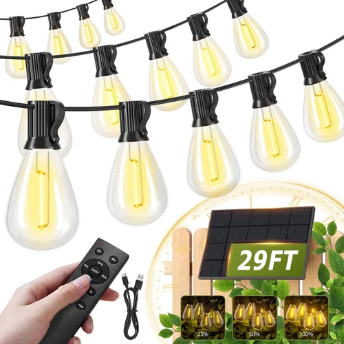 Vista 9 de Tira de luces solares para exteriores de 100 pies con 36+2 bombillas Edison inastillables e impermeables, luces de patio de grado comercial de 2200