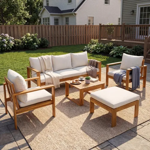 Vista 15 de Juego de muebles de patio al aire libre de madera de acacia de 4 piezas, juego de conversación para todo tipo de clima con sofá biplaza, 2 sillas