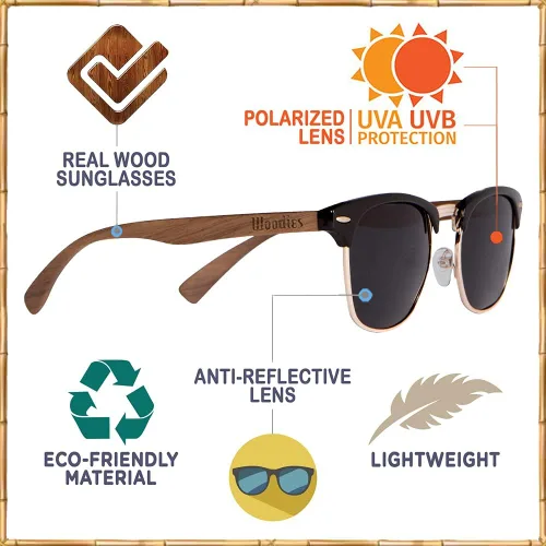 Vista 4 de Woodies Lentes de sol retro de madera de nogal semirrirrimless dorados para hombres y mujeres, lentes polarizados negros y marco de madera real