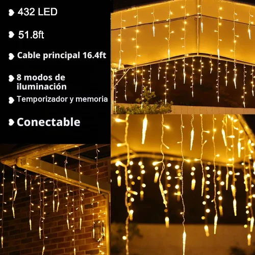 Vista 3 de LYHOPE Luces de Carámbanos de Navidad, 432 LED de 35.4 pies, 8 Modos de Luces de Carámbanos de Bajo Voltaje con 72 Gotas, Luces Parpadeantes