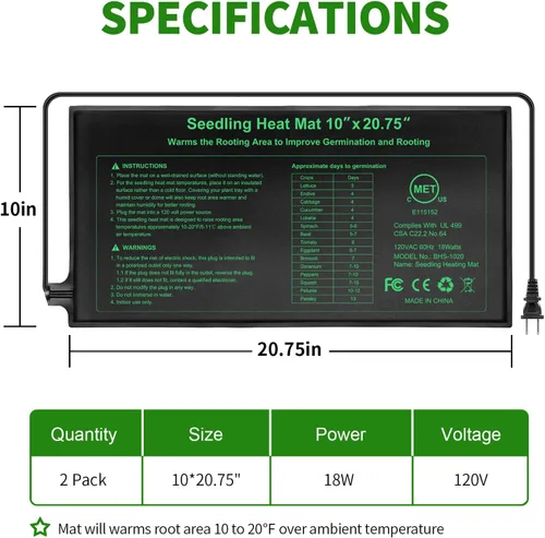 Vista 2 de Alfombrilla térmica de plántulas con certificación MET mejorada de 10 x 20.75 pulgadas, almohadilla térmica impermeable para germinación
