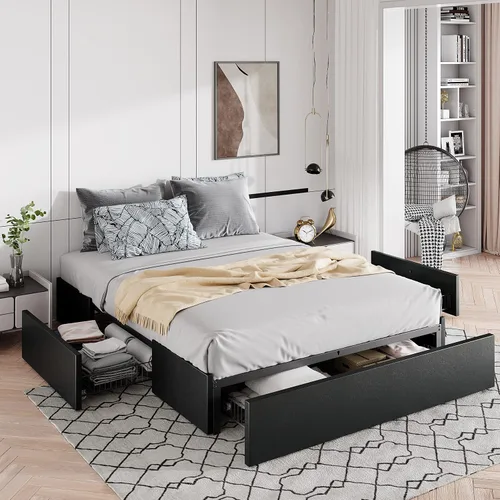 Vista 10 de Marco de cama Allewie tamaño matrimonial con plataforma y 3 cajones de almacenamiento, tapizado en piel sintética, soporte de listones de madera,