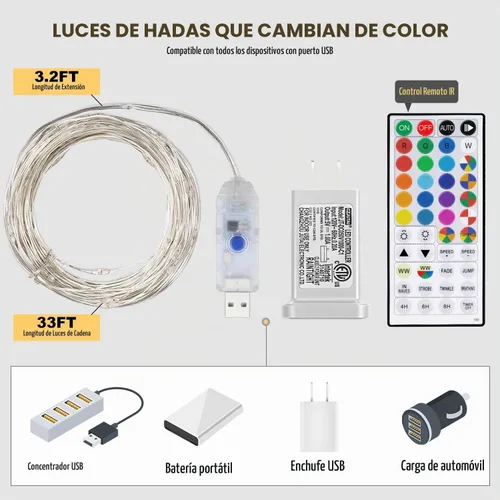 Vista 5 de Luces de Hadas USB Enchufables de 33 pies, 100 LEDs con Control Remoto, Luz Blanca Cálida de 20 Colores Cambiantes, Luces de Cadena Centelleantes