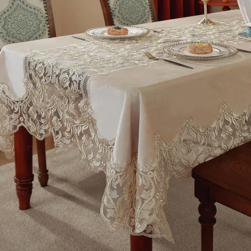 Vista 3 de DIGNFYING - Mantel de terciopelo italiano de encaje, retro, bohemio, rústico, elegante, rectangular, bordado, dorado, para fiesta de Navidad