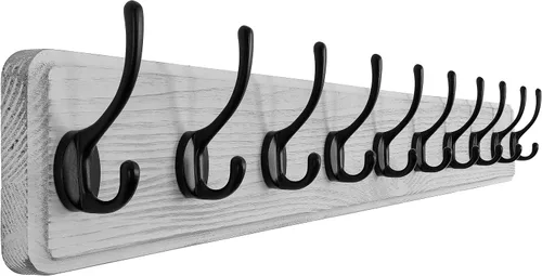 Vista 16 de SKOLOO Perchero rústico montado en la pared, perchero de madera maciza de pino, 5 ganchos para colgar ropa, batas, toallas, abrigos